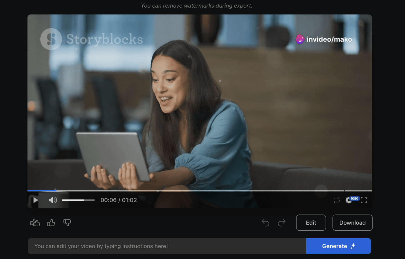 Video preview with woman on tablet, editing and download options visible.