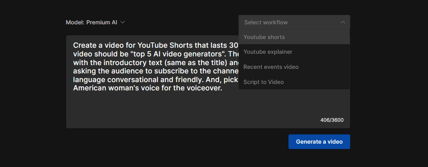Create video for YouTube Shorts with workflow selection dropdown menu.