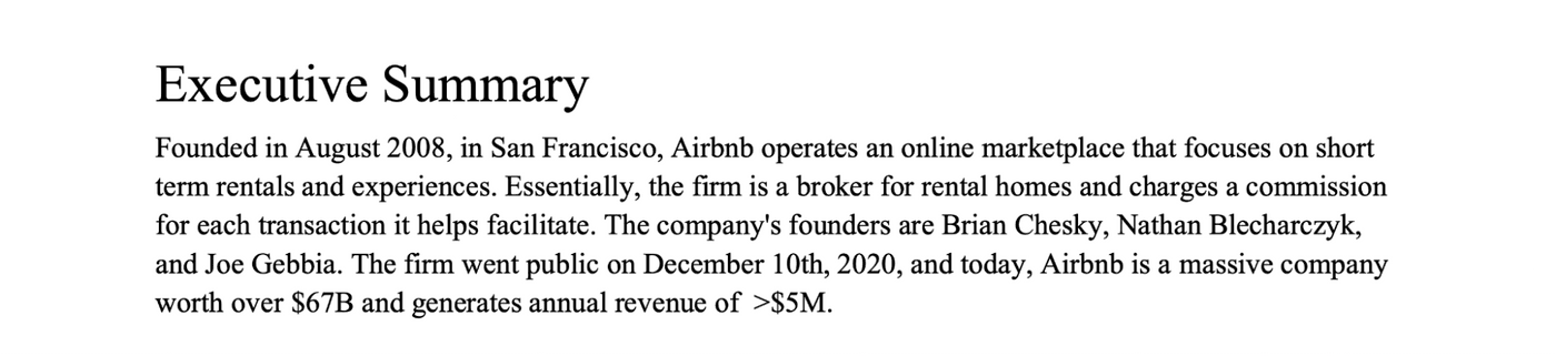 Executive summary about Airbnb’s business model, founders, IPO, and revenue.