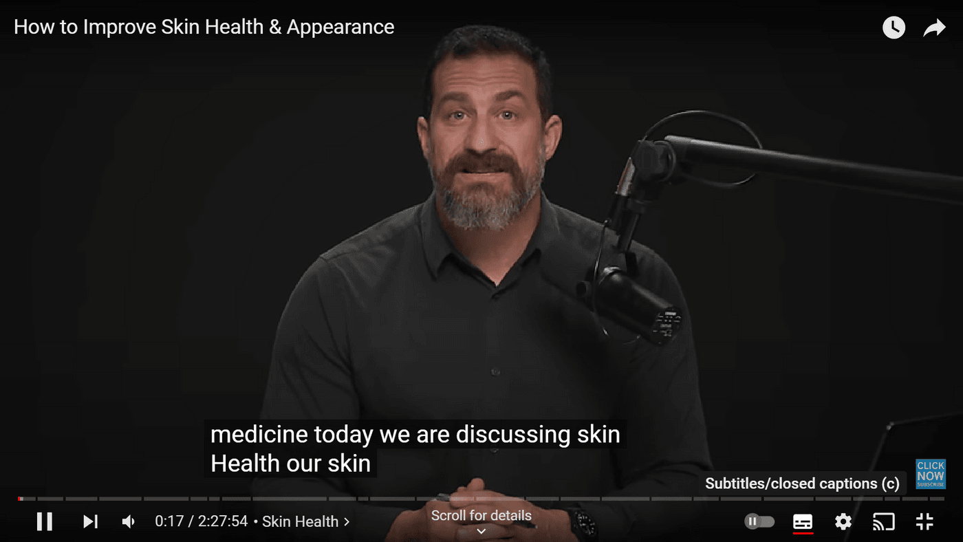 Man discussing skin health and appearance, with subtitles and captions.