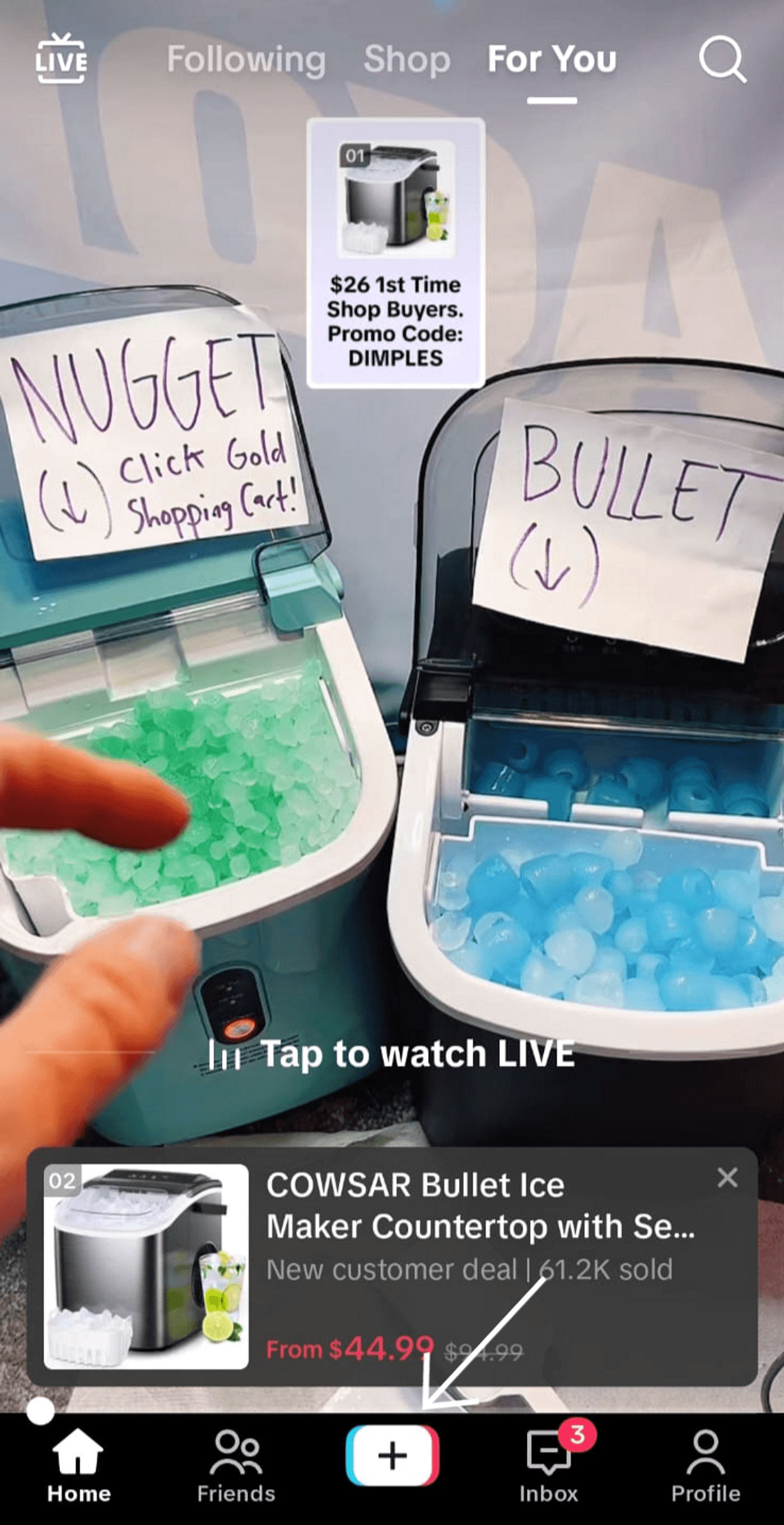 Side-by-side nugget and bullet ice machines with a promo for first-time buyers. Channel name: COWSAR.