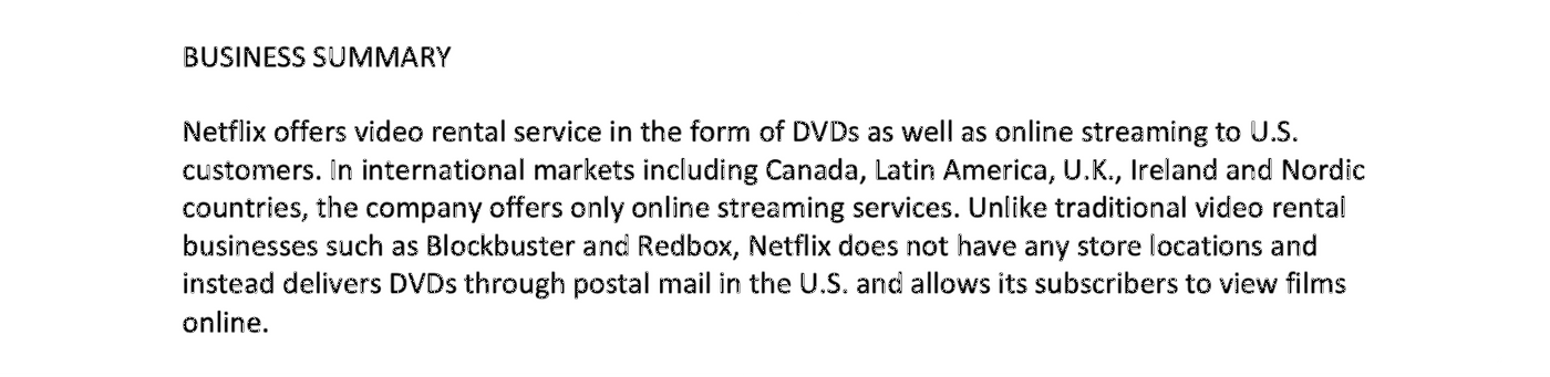 Business summary of Netflix's video rental and online streaming services.