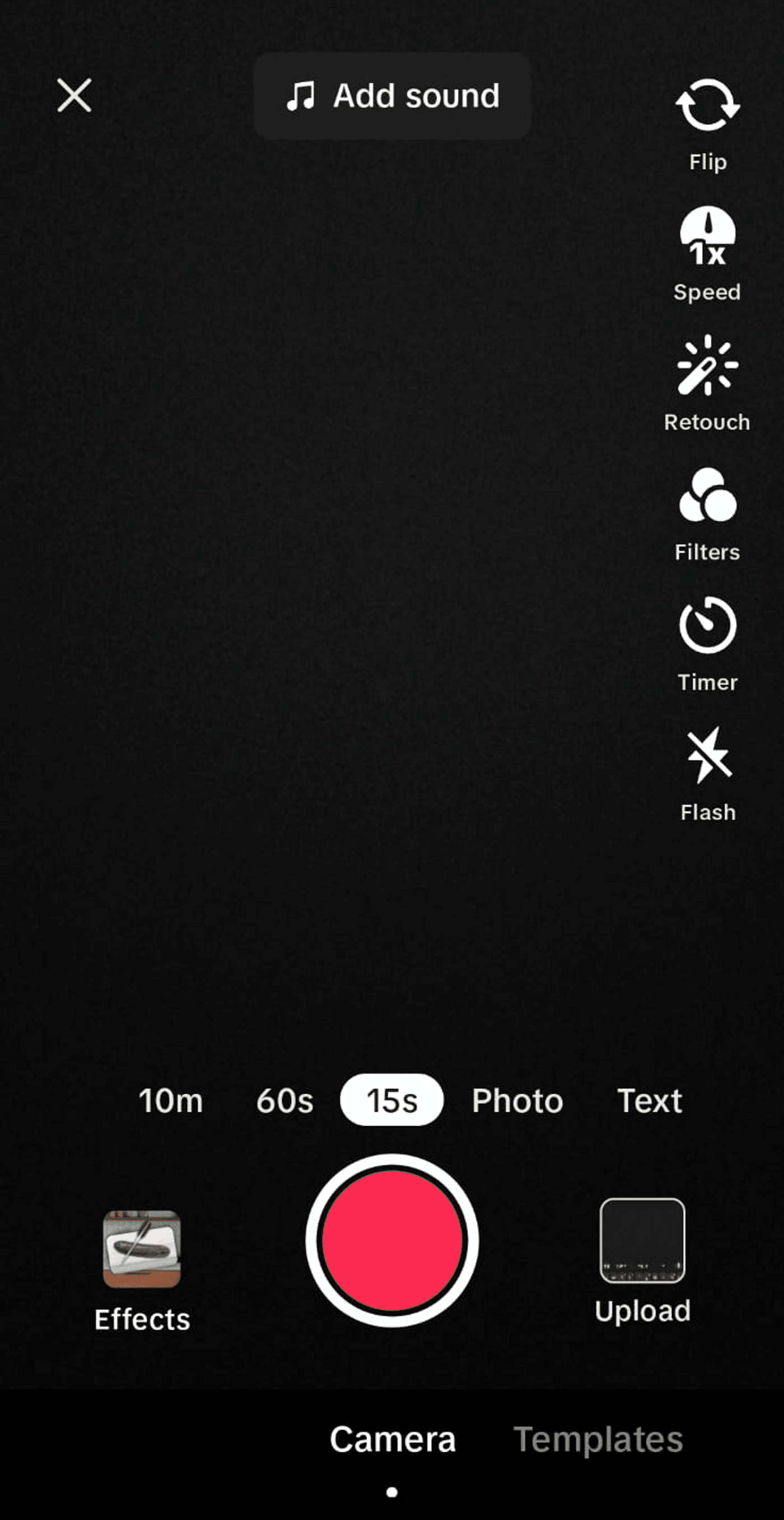 TikTok recording screen with options to add sound, set timer, and apply filters.