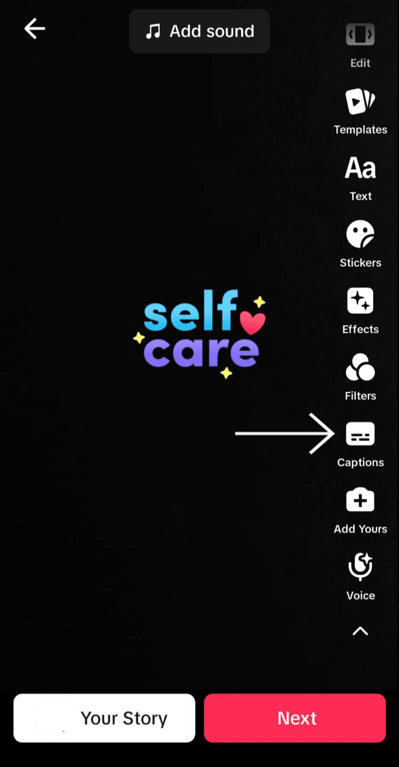 TikTok editing screen with an arrow pointing to the captions option for adding subtitles.