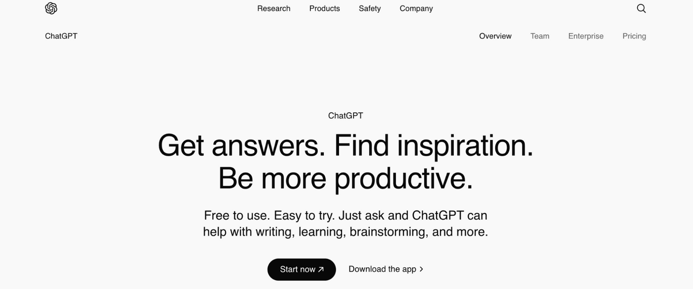 ChatGPT homepage promoting productivity, inspiration, and easy AI assistance.