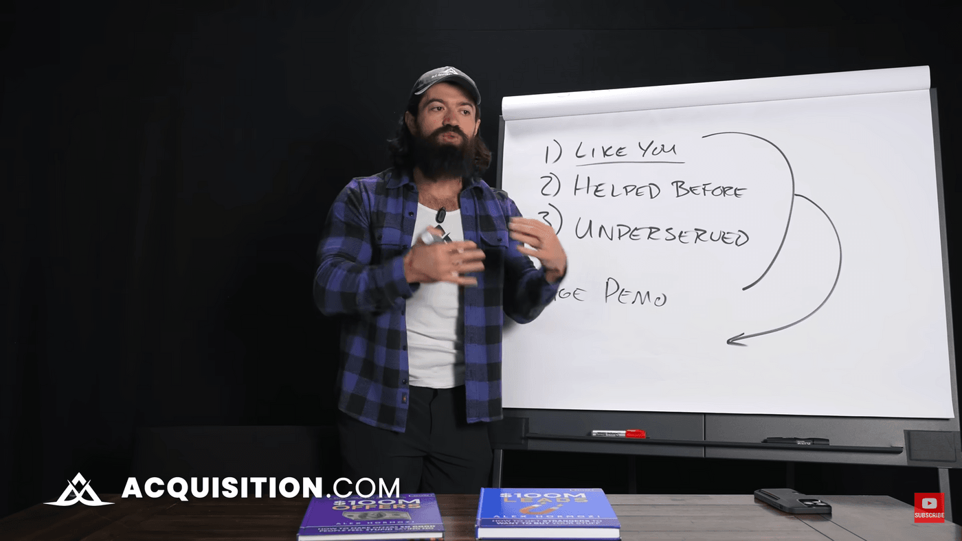 Man presenting on whiteboard about marketing concepts wearing blue shirt.
