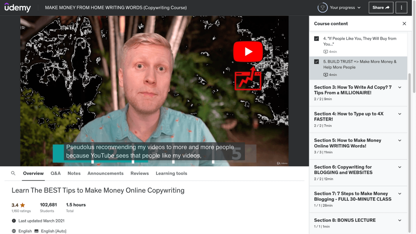Udemy online copywriting course YouTube video explaining tips for making money online with subtitles.