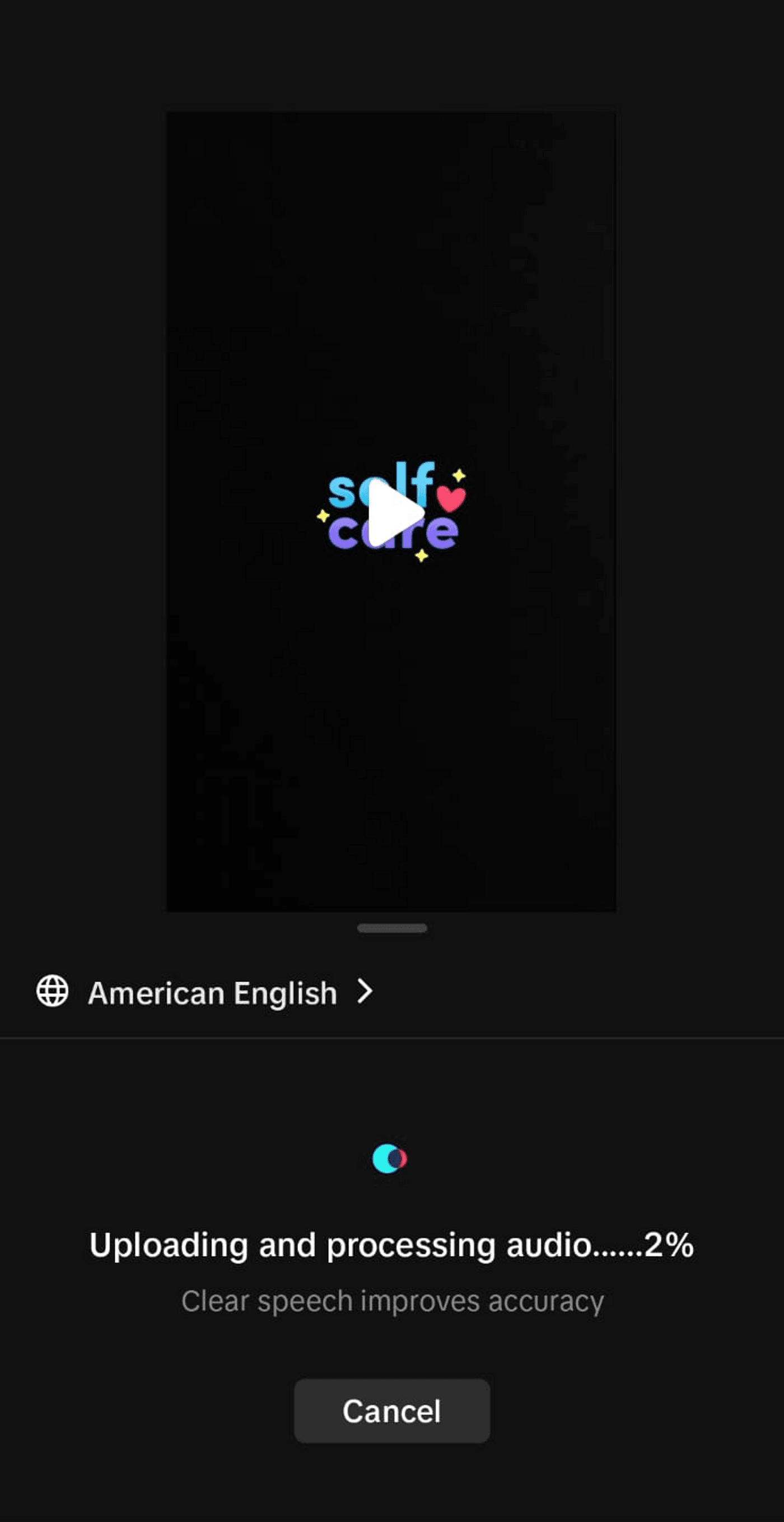 Screen shows uploading and processing audio with two percent progress.