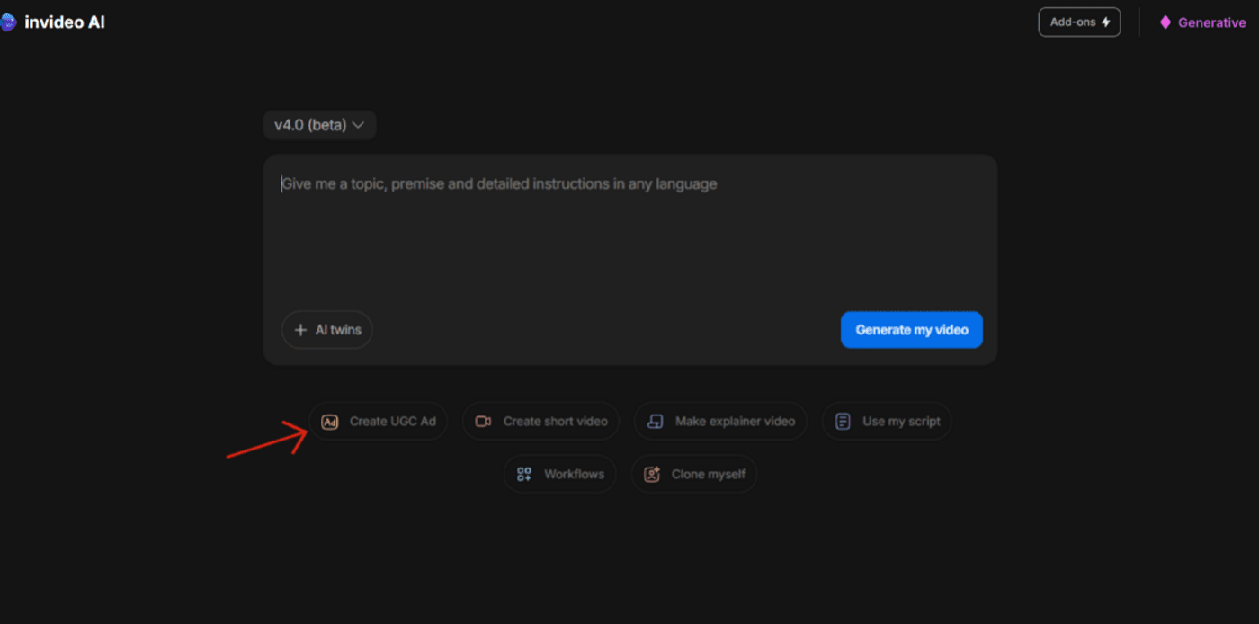 Create a UGC ad easily with InVideo AI by providing a detailed topic or instructions