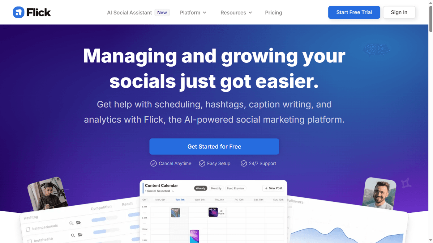 Flick homepage showcasing AI tools for scheduling, hashtags, captions, and analytics for social media