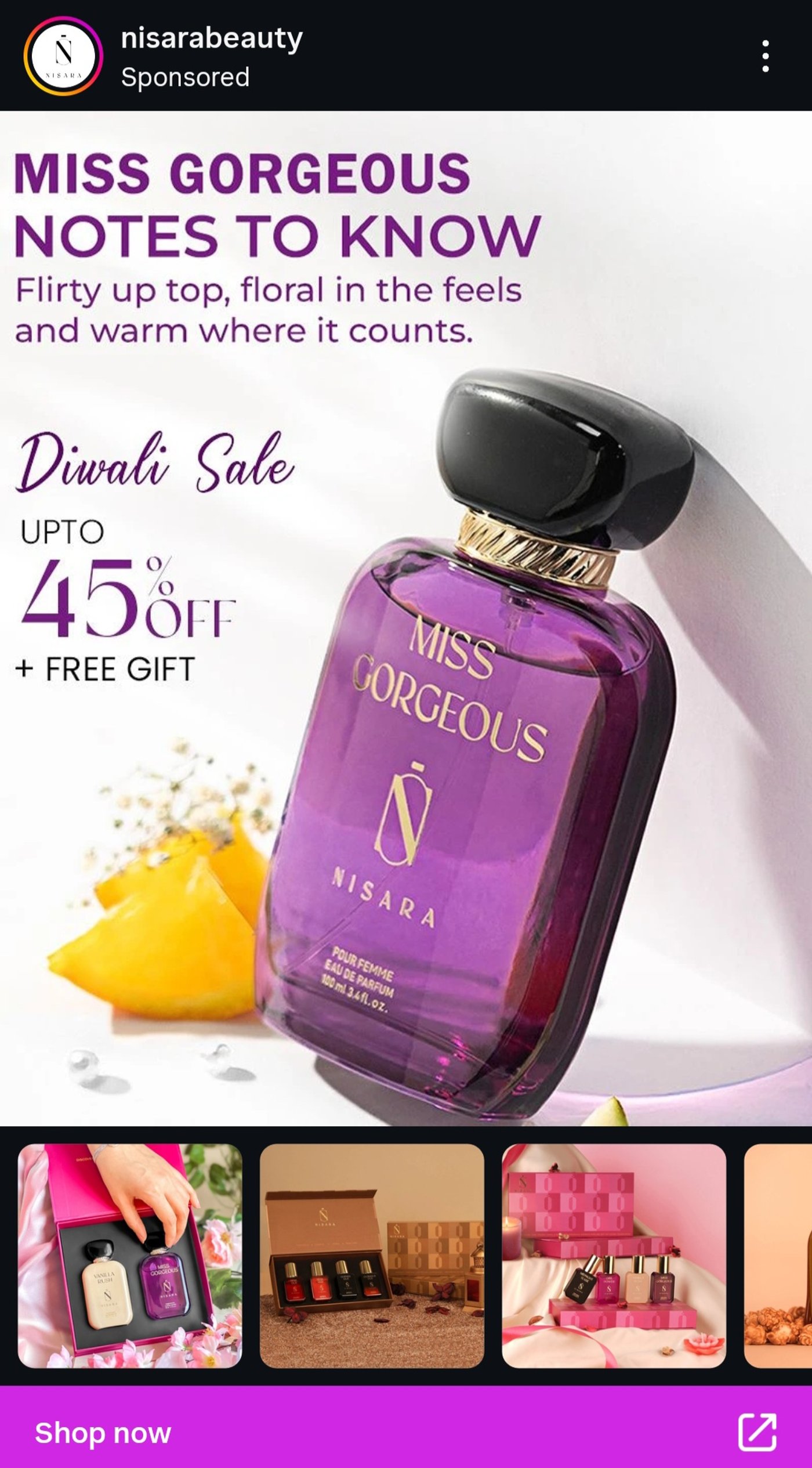 Nisara Beauty ad promoting “Miss Gorgeous” perfume with a Diwali Sale offering up to 45% off and a free gift.