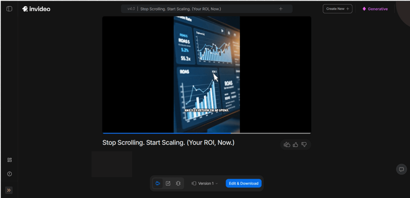 Invideo interface preview showing a marketing video titled “Stop Scrolling. Start Scaling. (Your ROI, Now.)” with ROI charts.