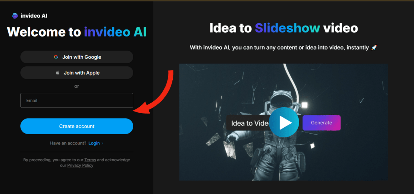 Invideo AI signup page showing account creation options and video demo for slideshow maker