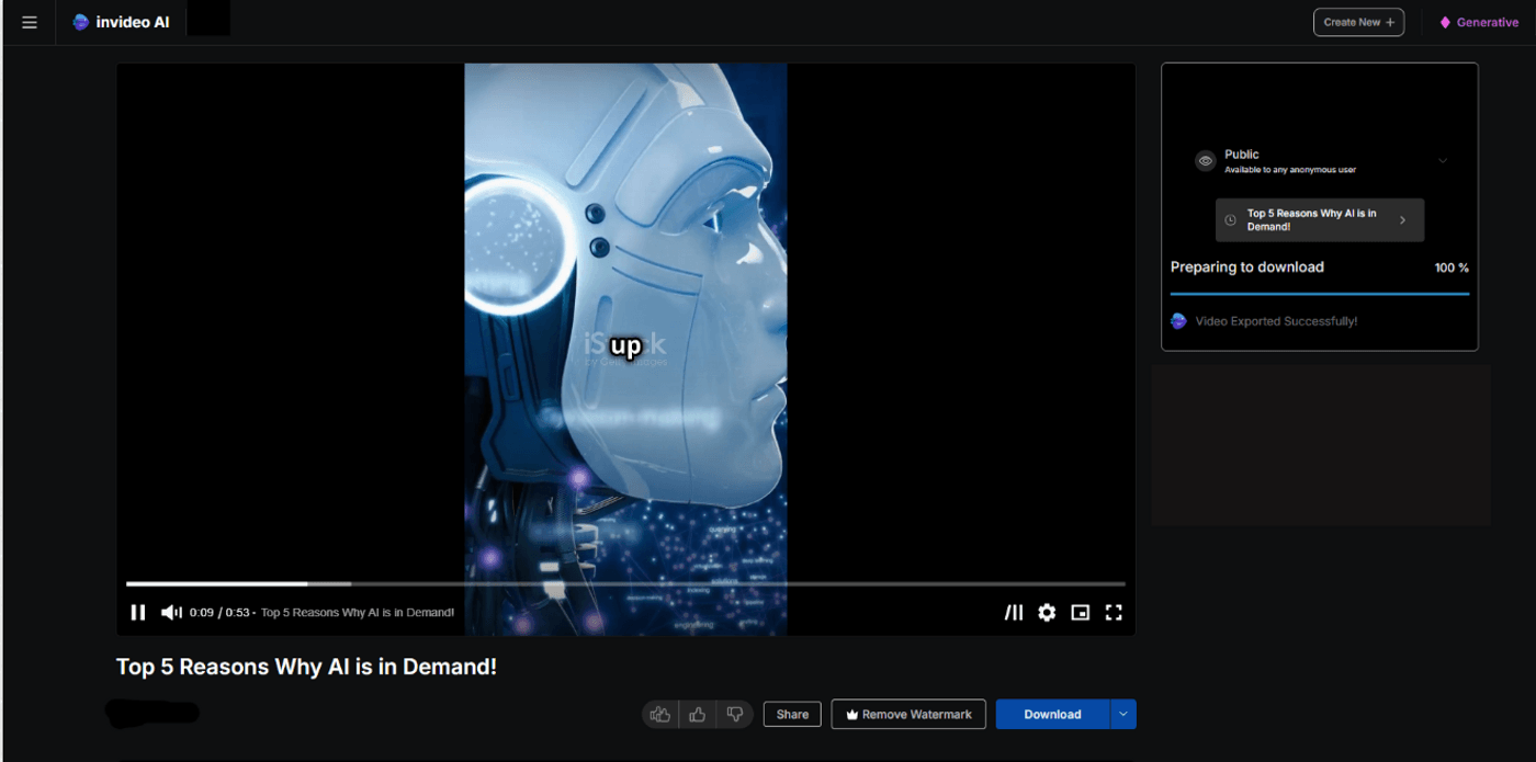 Video preview screen showing AI robot head with progress bar and download options visible
