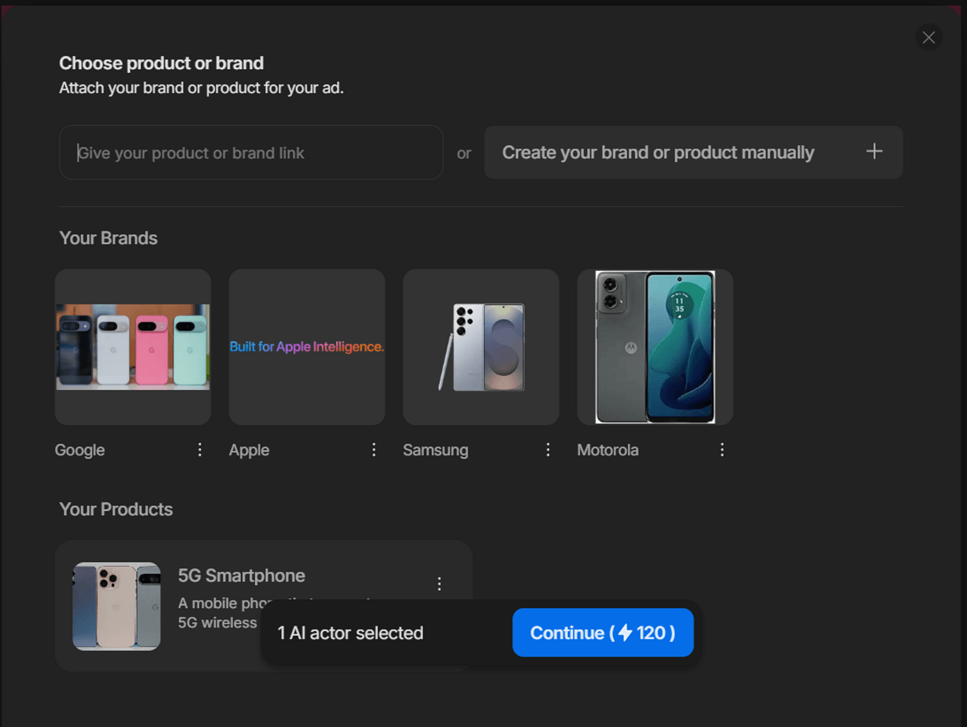 Select a product or brand for your ad, like Google, Apple, Samsung, or Motorola