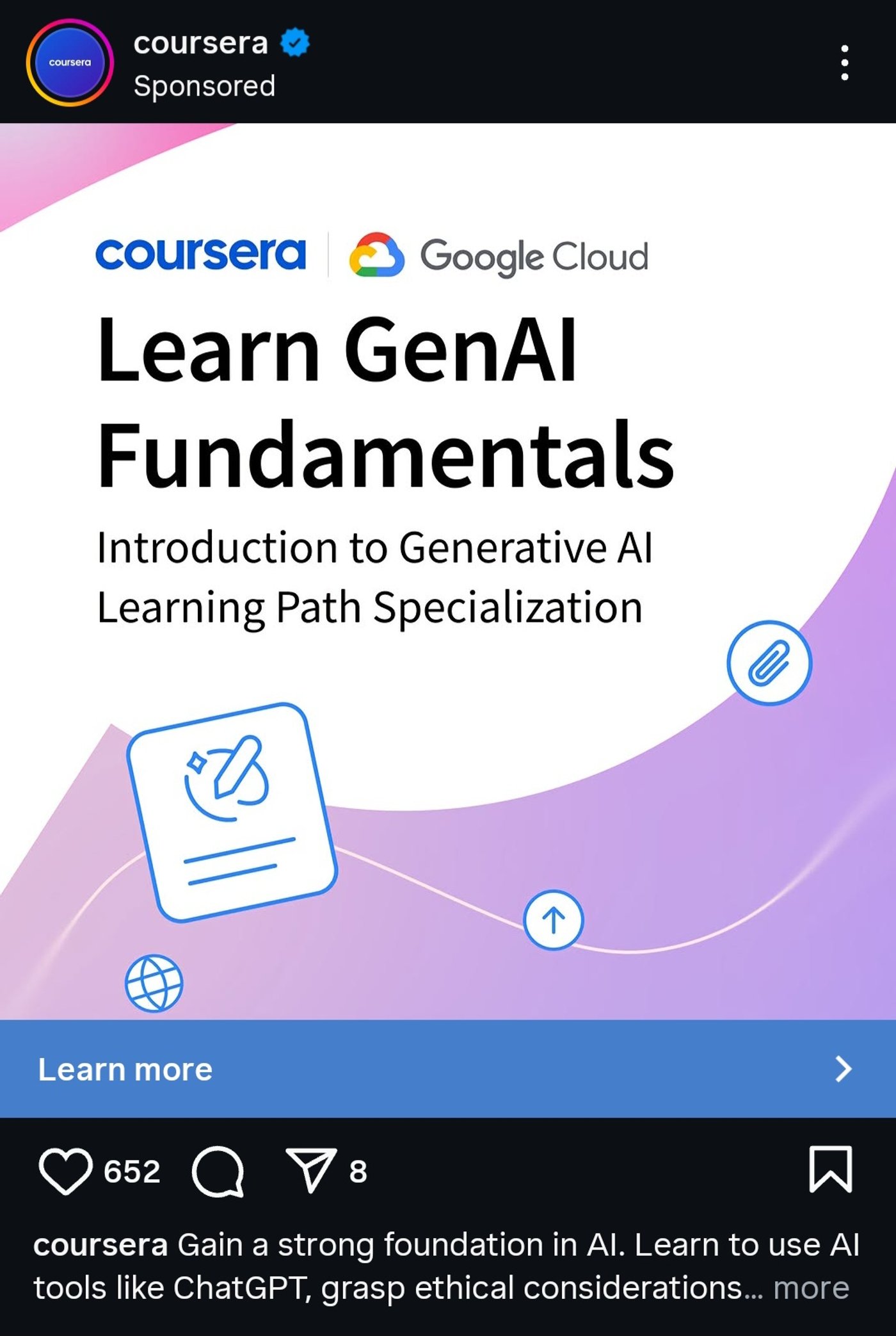 Coursera ad promoting “Learn GenAI Fundamentals,” a Google Cloud course on Generative AI basics and applications.