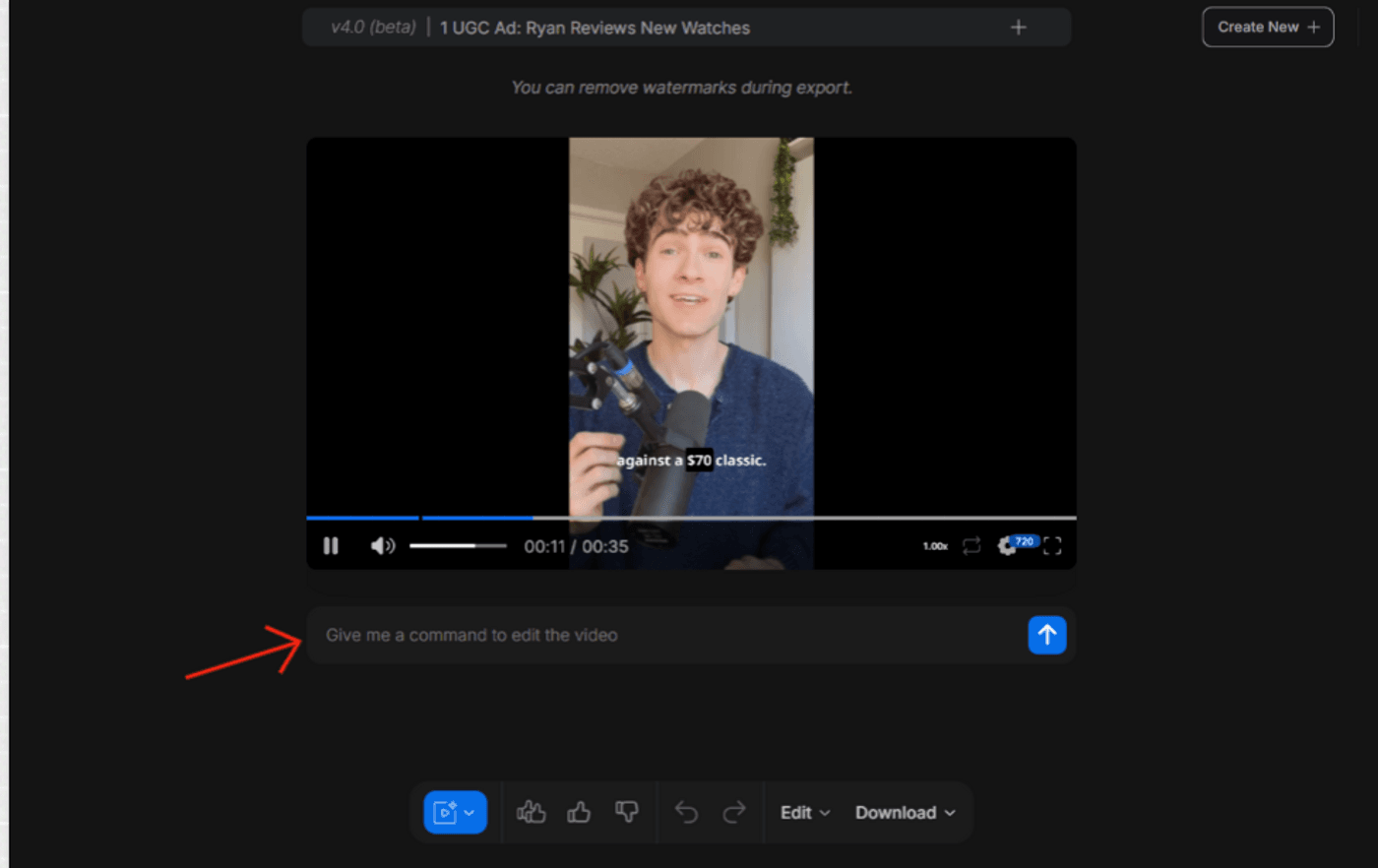 Video preview showing Ryan reviewing new watches with subtitle and the option to edit