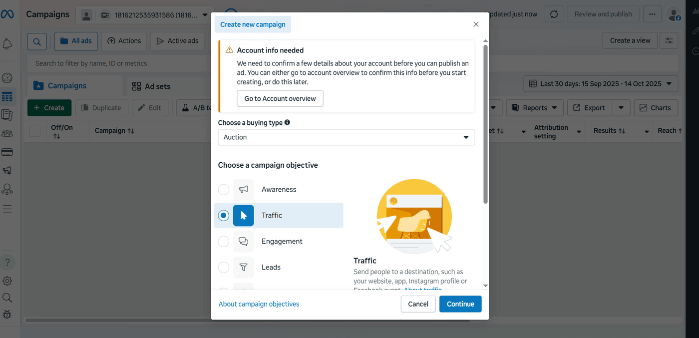 Meta Ads Manager dashboard showing campaign setup screen with options to create, edit, and manage ad performance.