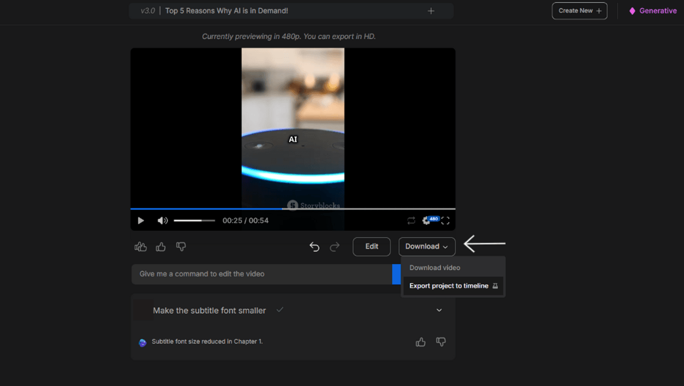Video preview screen with subtitle edit suggestions and stock media replacement options displayed below