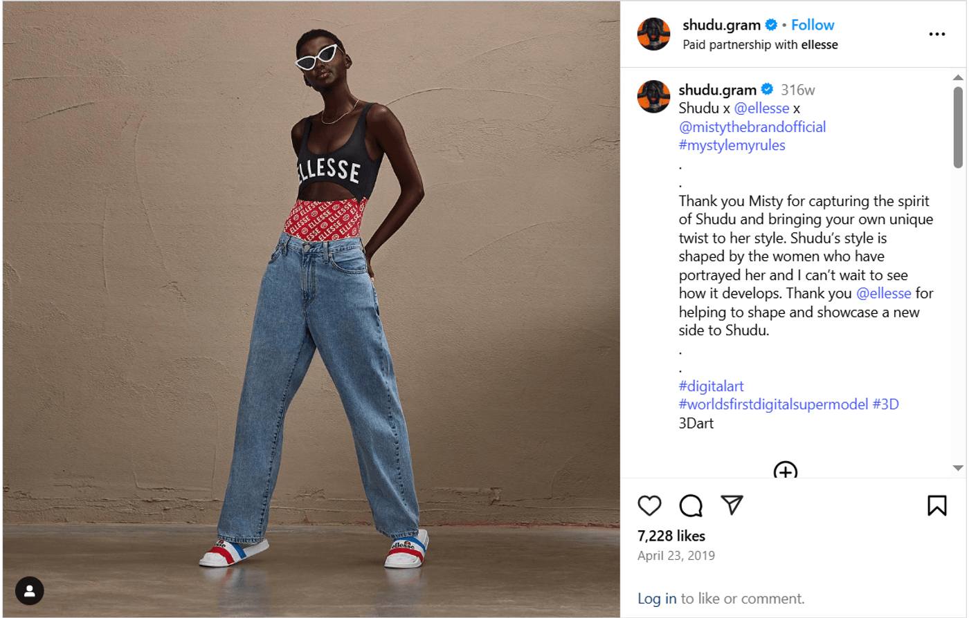 Digital supermodel Shudu wearing Ellesse bodysuit