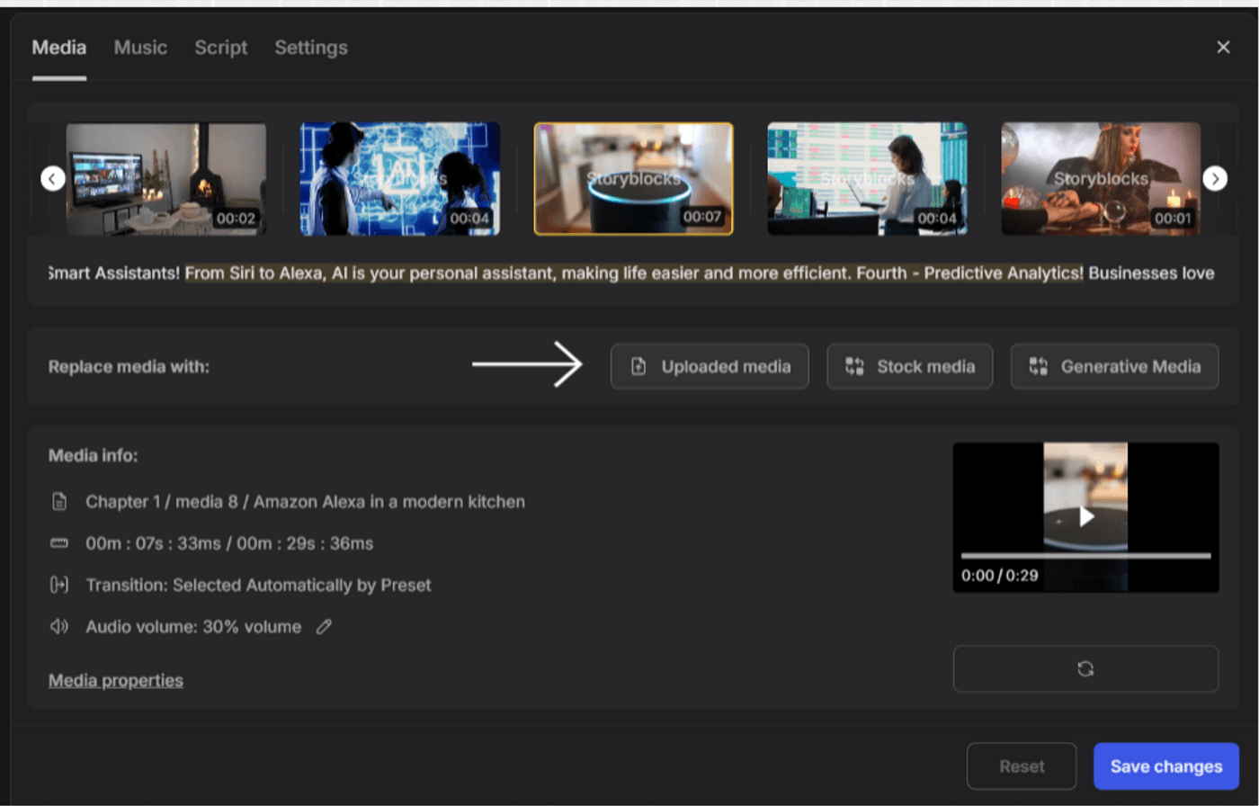 Media editor interface showing clips, replacement options, audio settings, and a save changes button