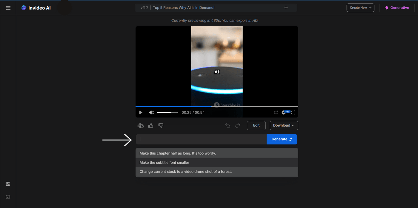 Preview window showing download options with subtitle update and editing commands below the video