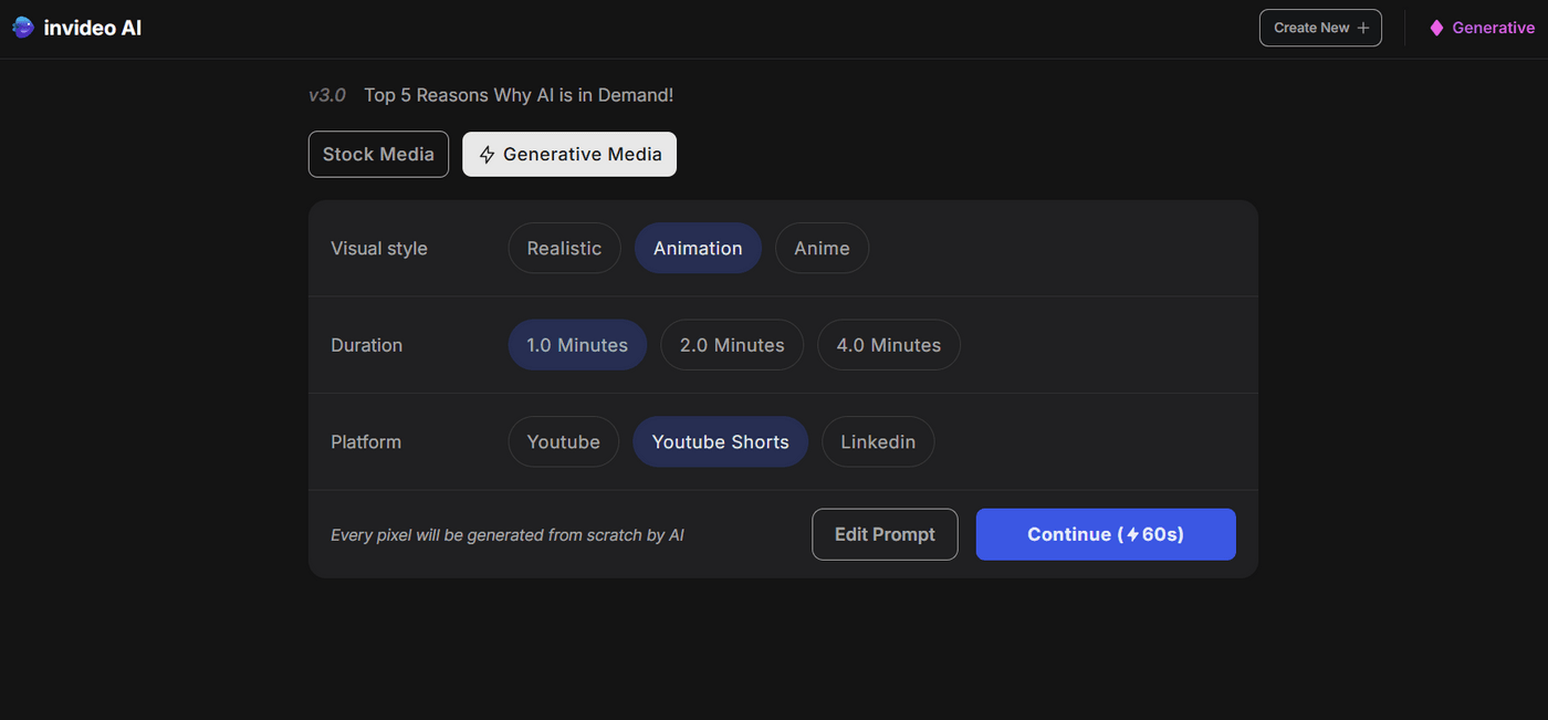Invideo AI video settings for YouTube Shorts with animation, one-minute generative media selected