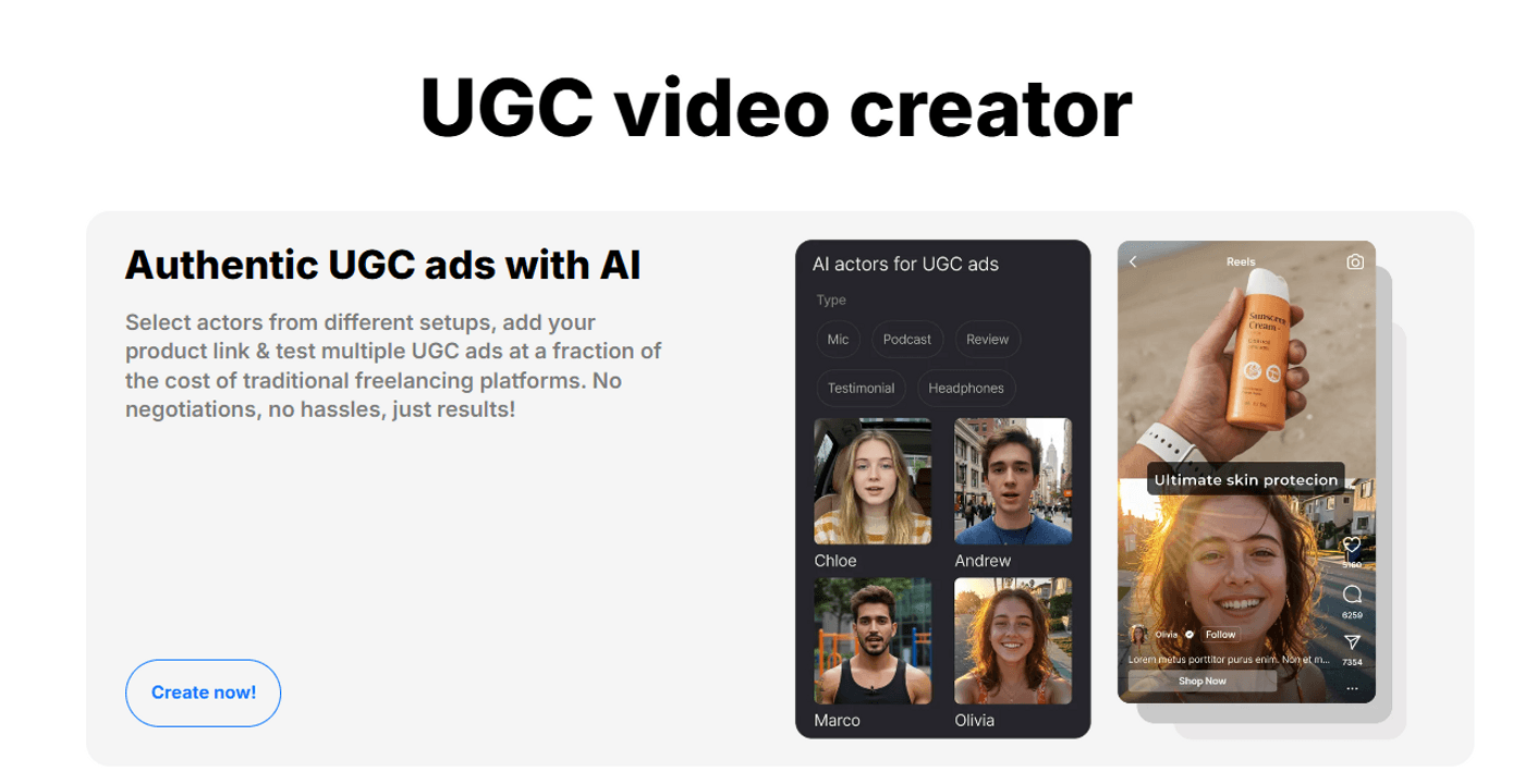 Create AI powered UGC video ads with virtual actors and real product showcase in seconds