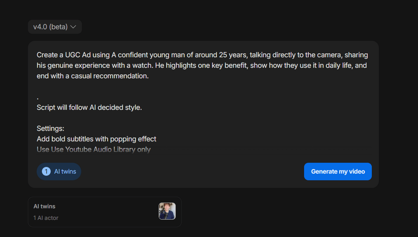 Create a UGC ad with an AI actor, bold subtitles, and YouTube audio library