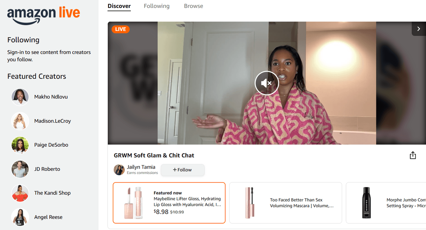 Amazon live video playing on the Amazon website, showcasing products and features in real-time