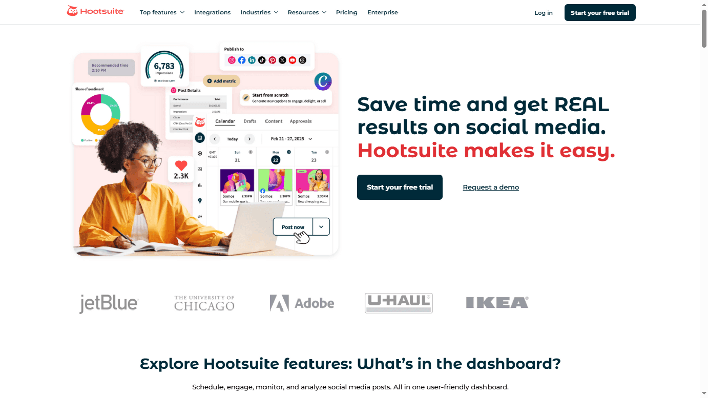 Hootsuite homepage showcasing social media dashboard with analytics, scheduling, and a smiling woman working