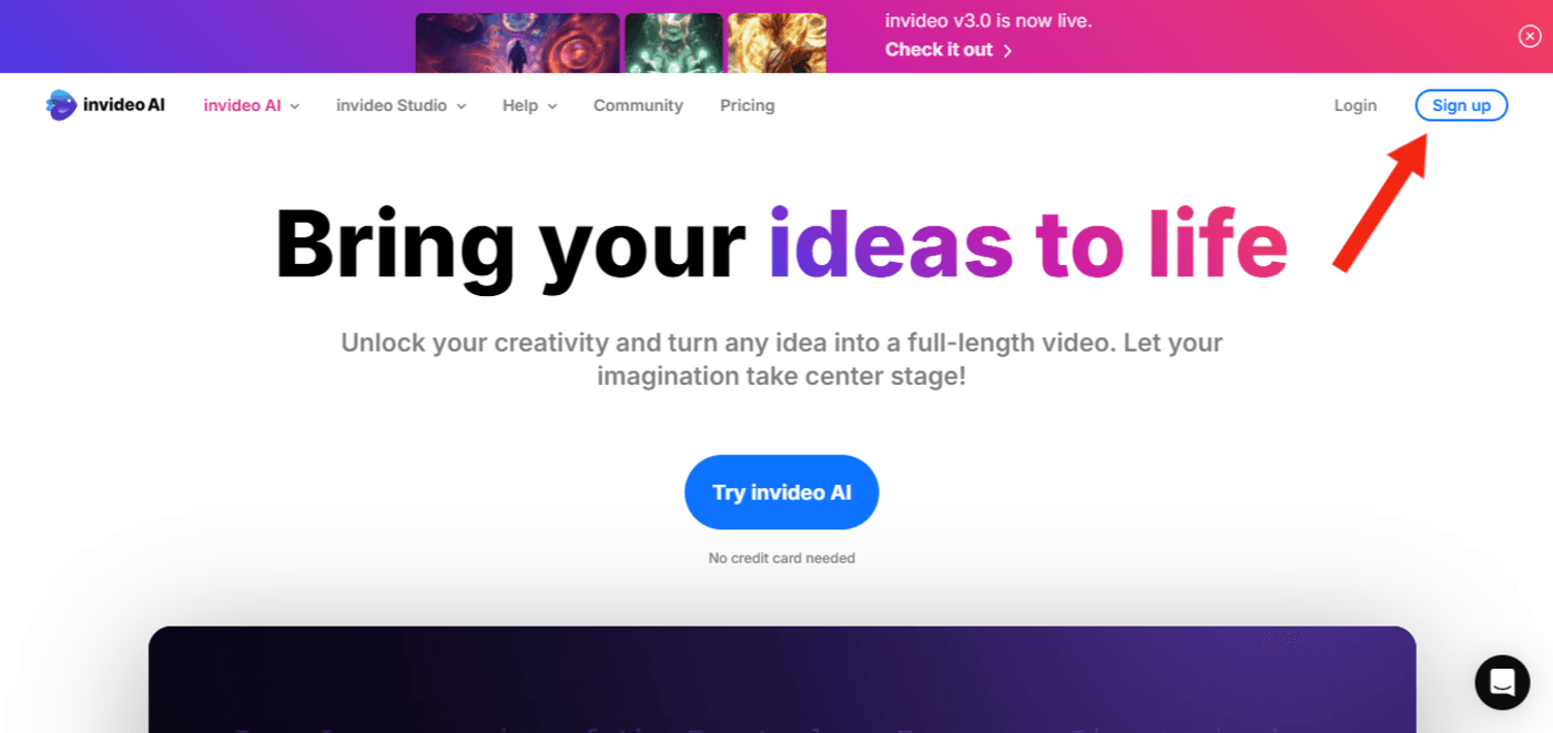 Invideo AI homepage showing creative video ideas, signup button, and call-to-action to try AI