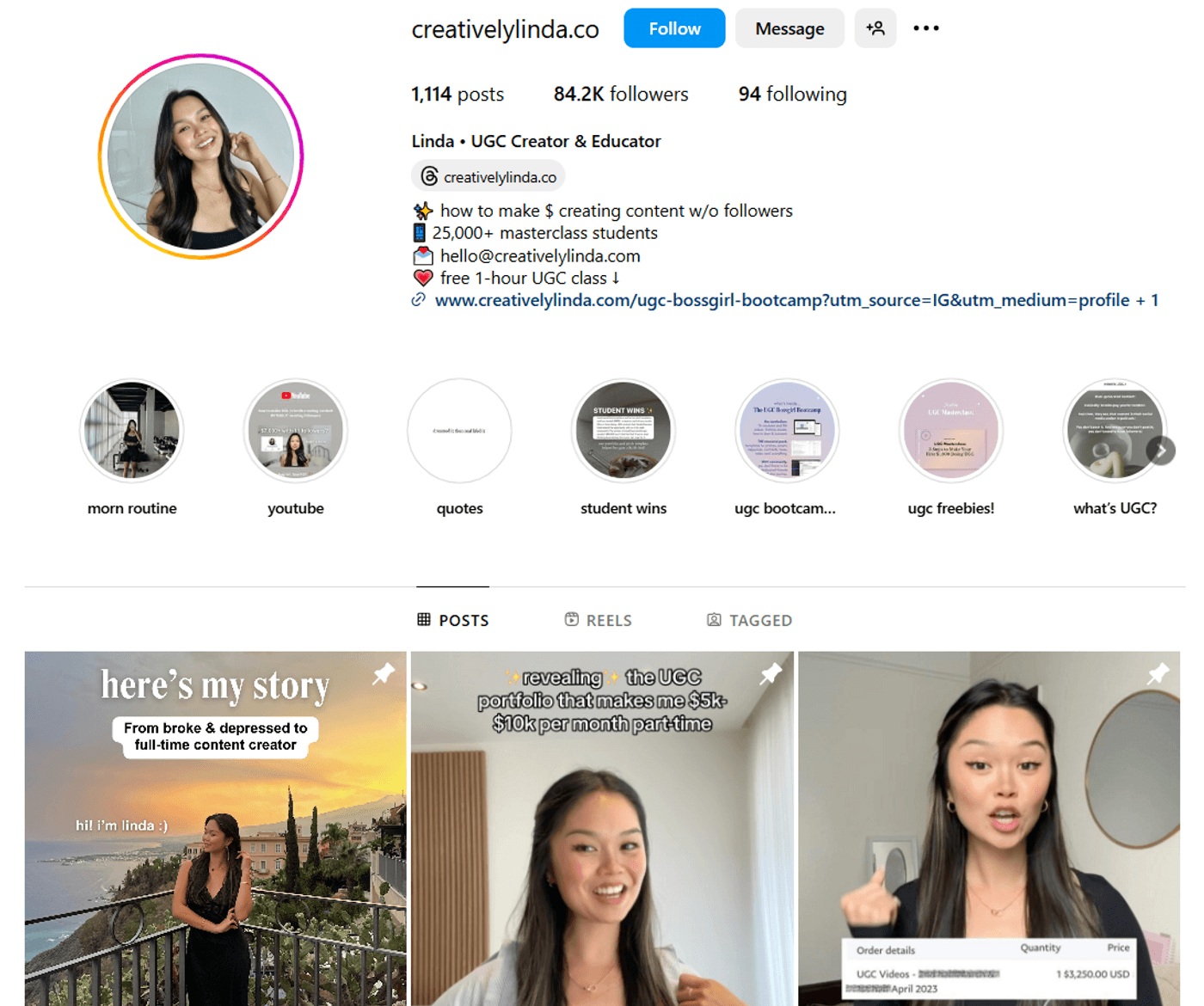Instagram profile of creativelylinda.co, showcasing content creator Linda’s posts, highlights, and follower stats