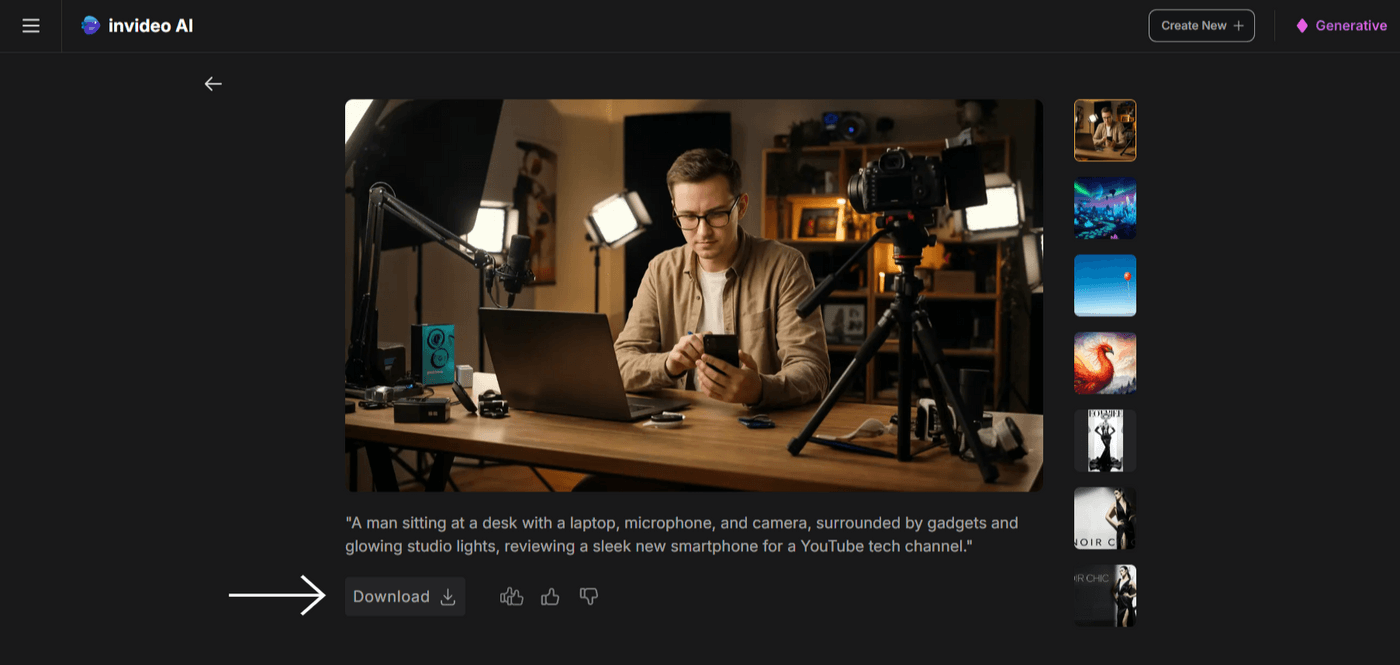 Man reviewing smartphone at tech desk, surrounded by gadgets, lights, camera, laptop, and microphone