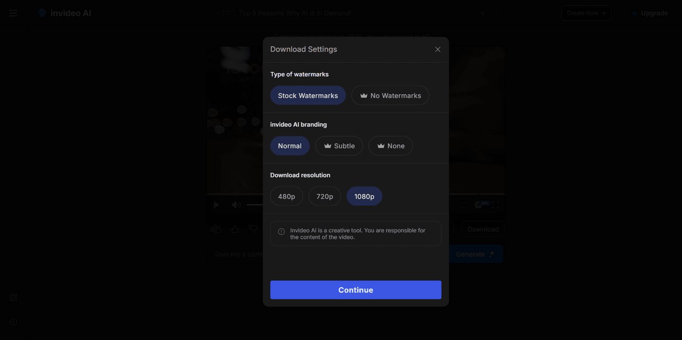 Download settings menu showing watermark options, branding styles, and video resolution choices
