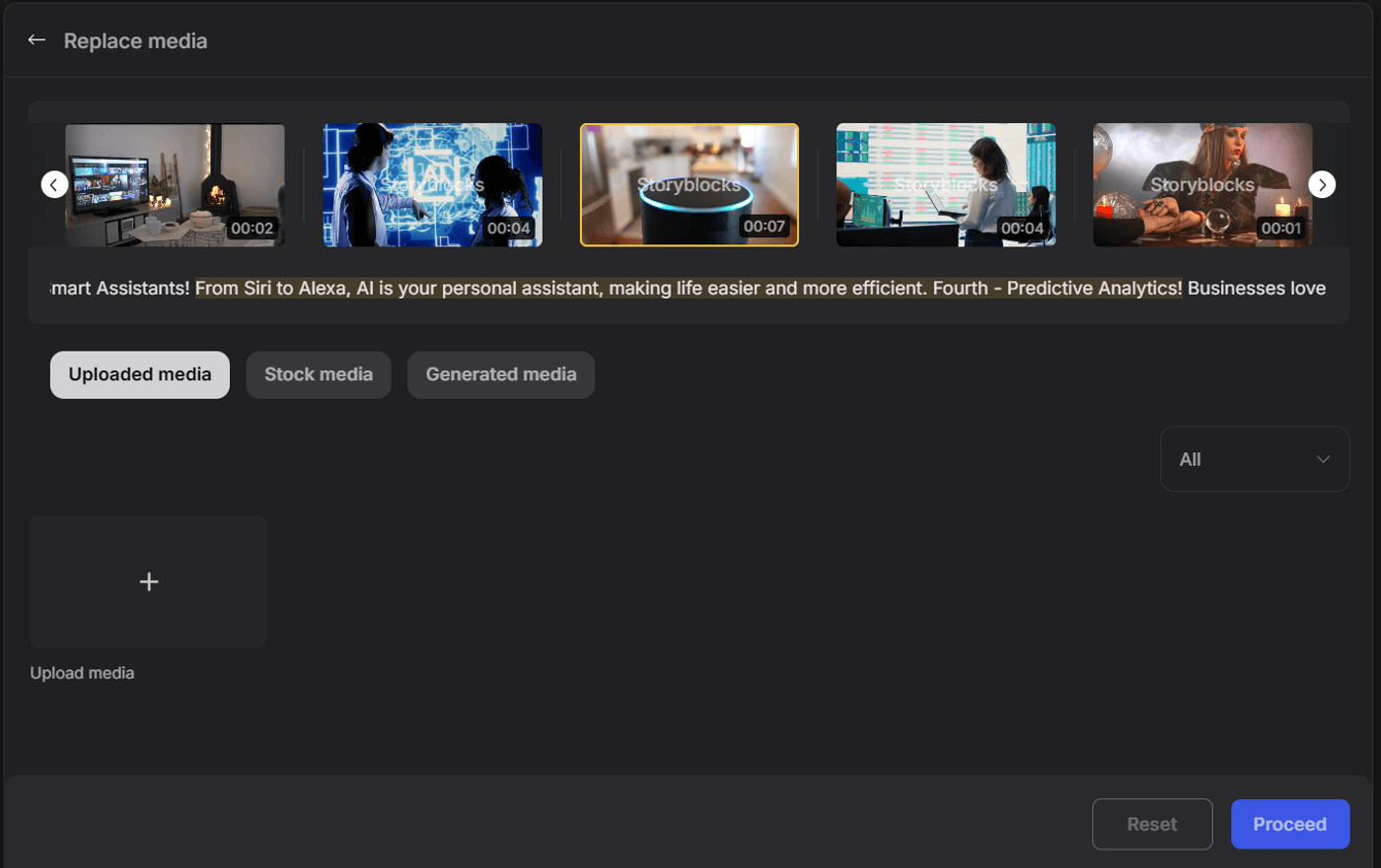 Replace media screen showing video clips, media categories, upload option, and proceed button highlighted