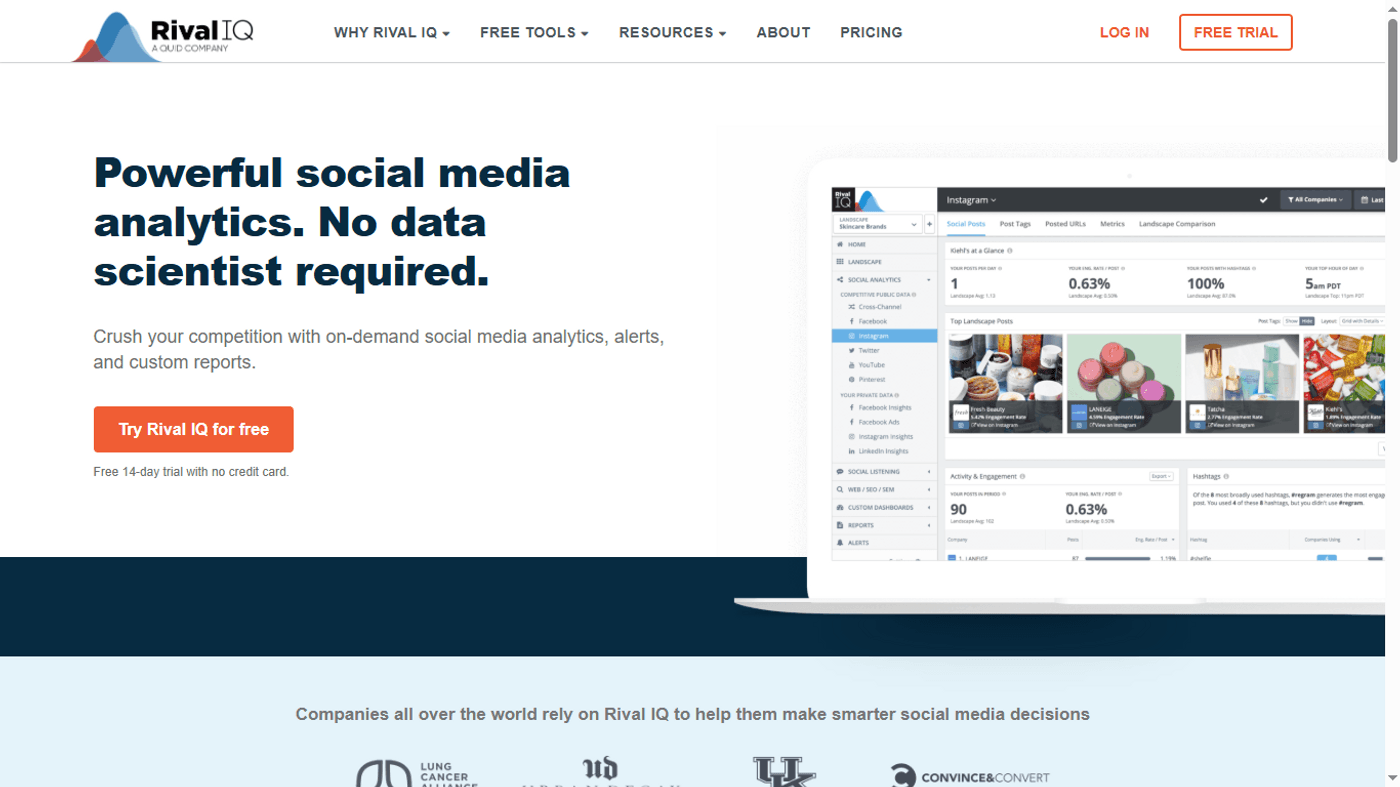 Rival IQ homepage highlighting social media analytics dashboard with performance metrics and Instagram post comparisons