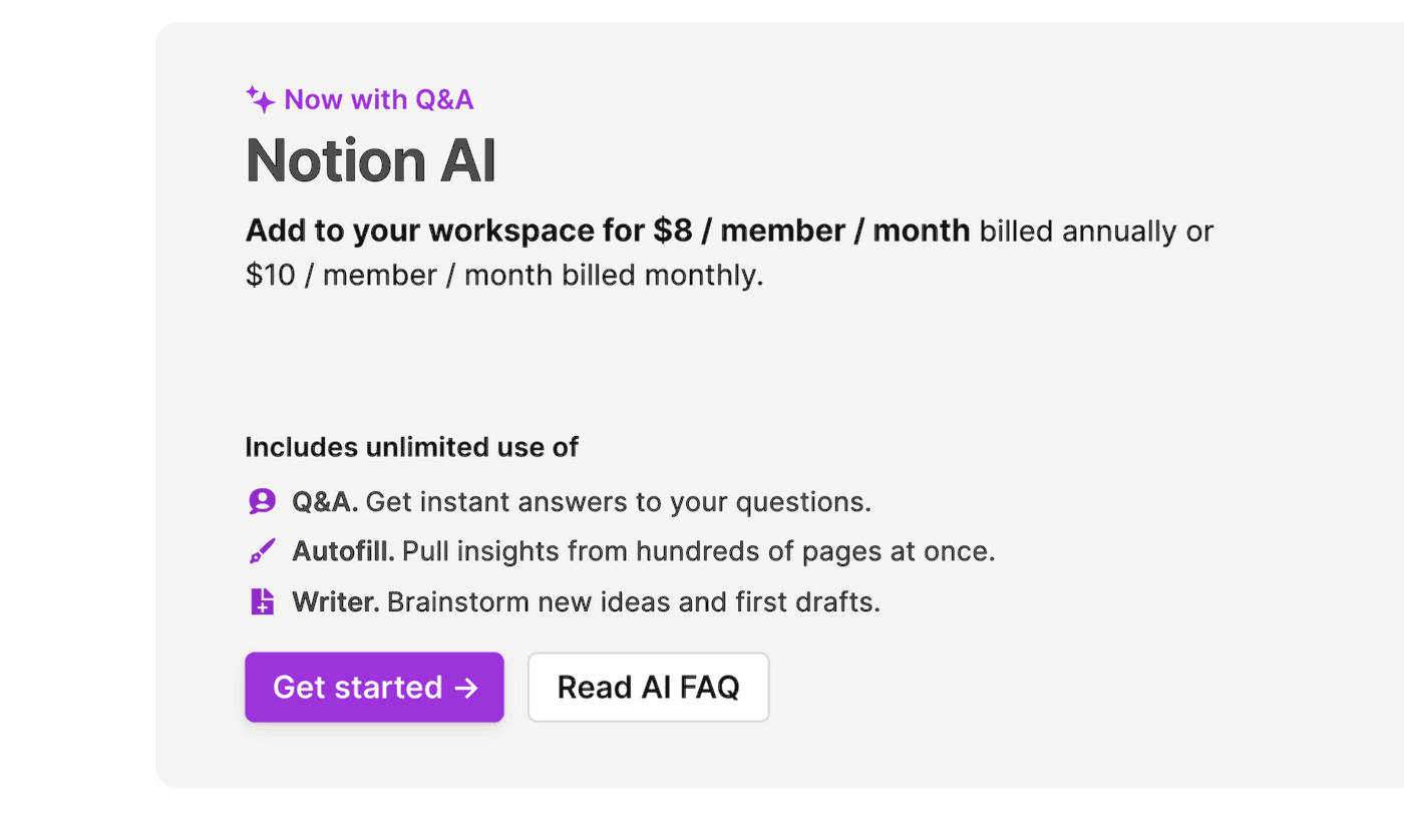 Notion AI pricing plan with Q&A, autofill, and writing features: $8/month annually or $10/month with features.