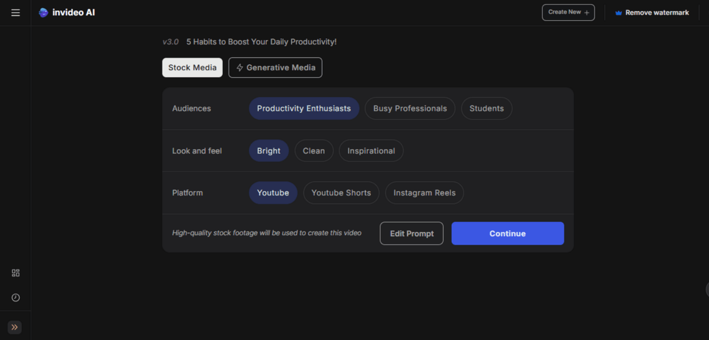 Invideo AI video creation interface selecting audience, style, and platform options for productivity video