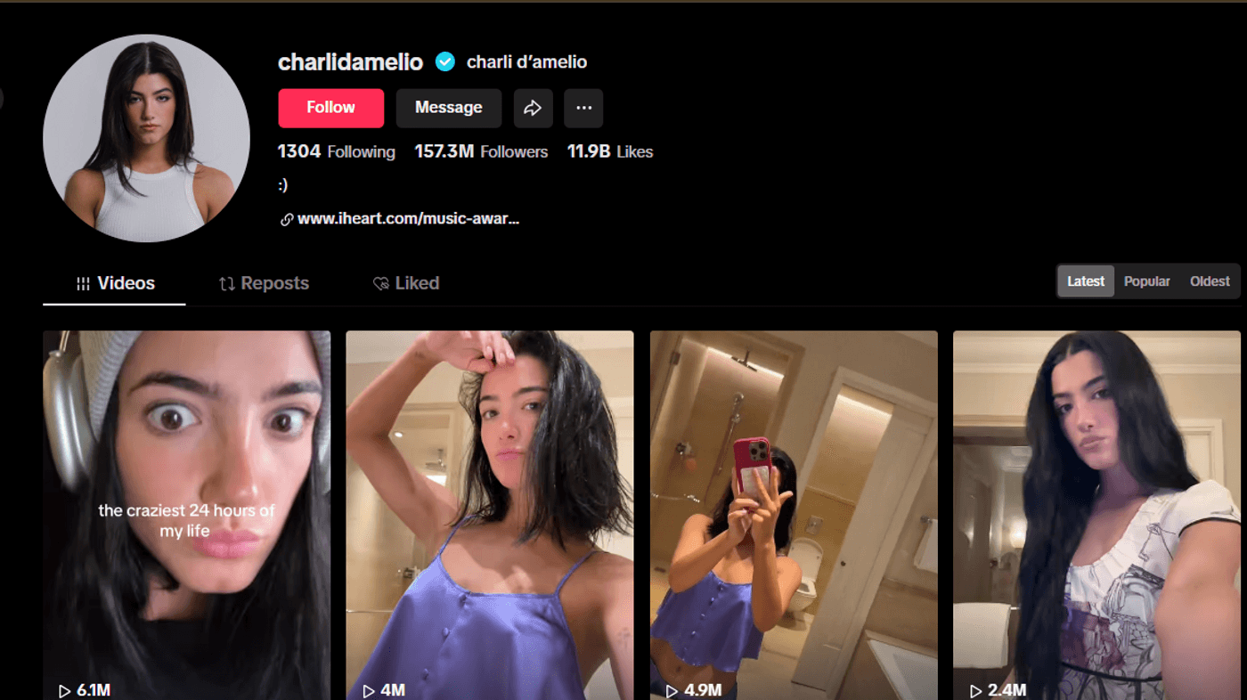 TikTok profile page of Charli D’Amelio showing follower count and video thumbnails