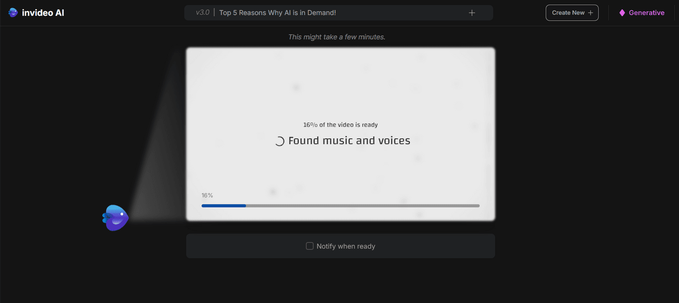Invideo AI video creation progress at 16%, finding music and voices for content