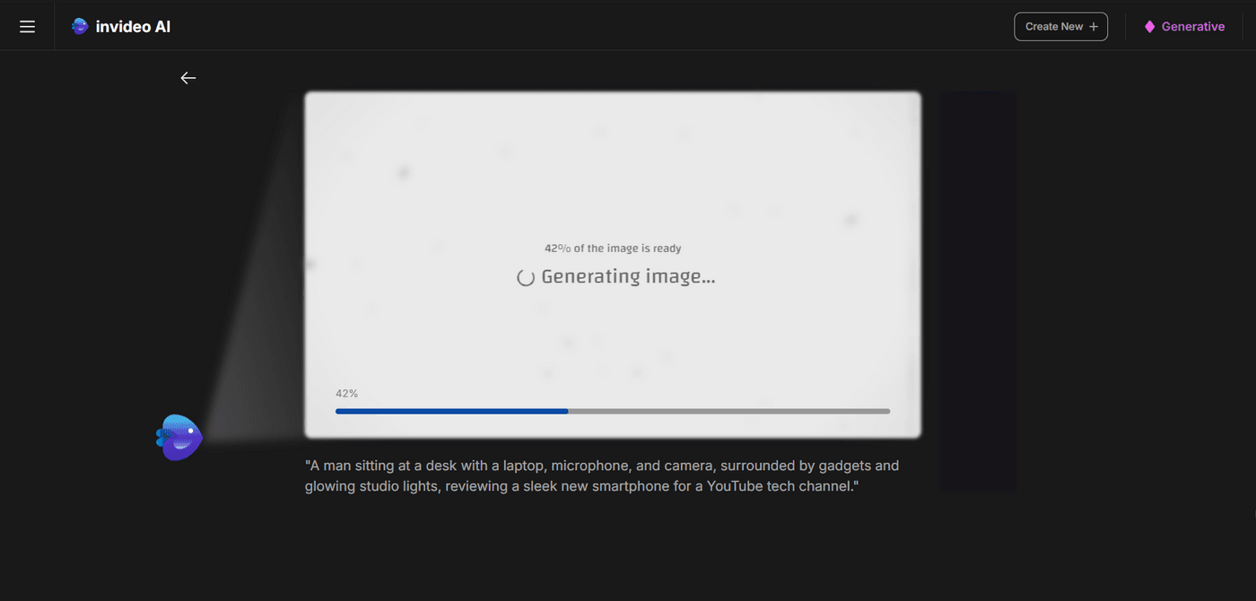 Image generation in progress: 42% completed with prompt for a YouTube tech reviewer setup
