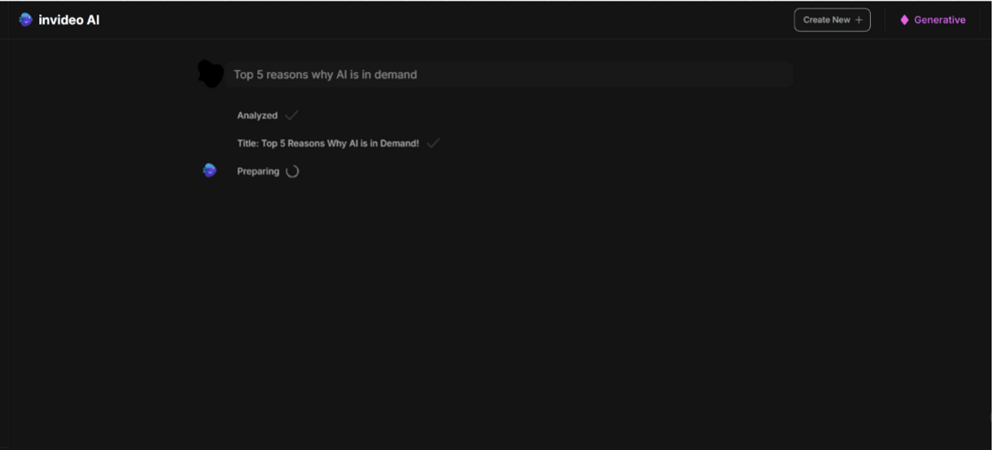 Invideo AI interface analyzing prompt and preparing video titled “Top 5 Reasons Why AI