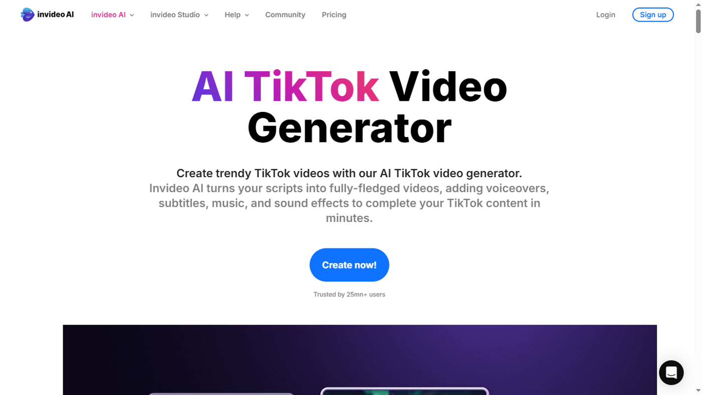 Invideo AI webpage promoting AI TikTok video generator with script-to-video creation and voiceovers