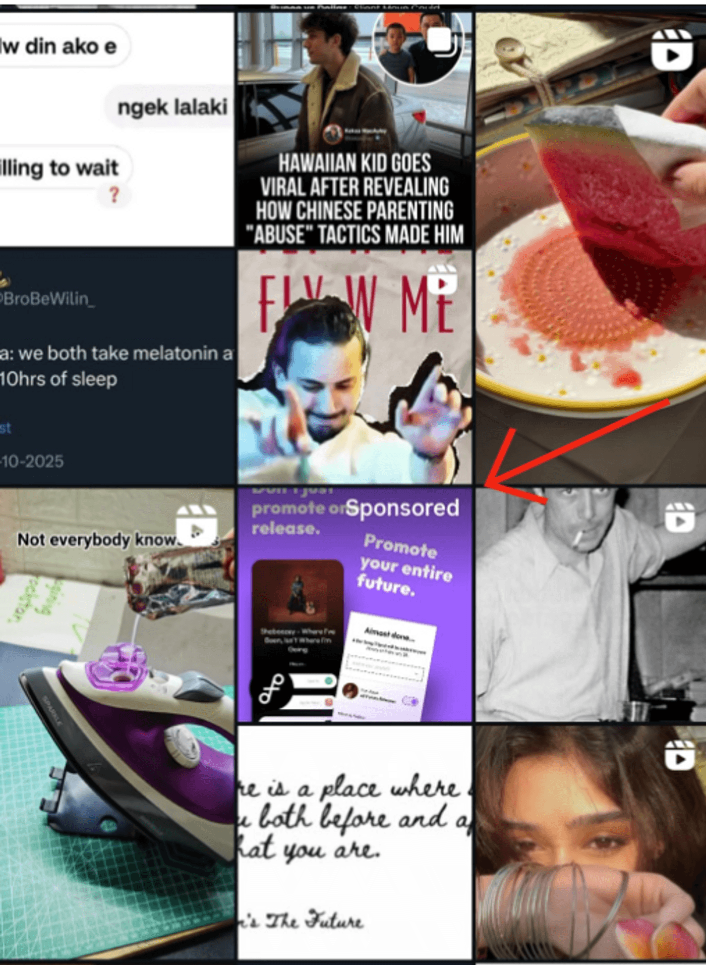Instagram explore feed collage showing various viral videos, memes, ads, and creative content from different creators.