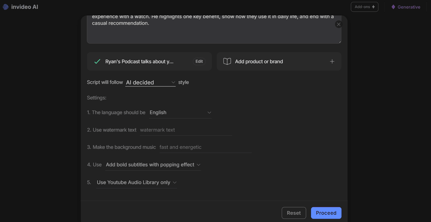 Customize your UGC ad with language, music, subtitles, and watermark settings before proceeding