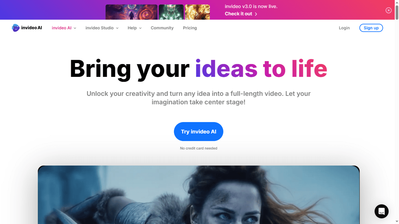 Invideo AI homepage promoting video creation from ideas with a bold call-to-action button.