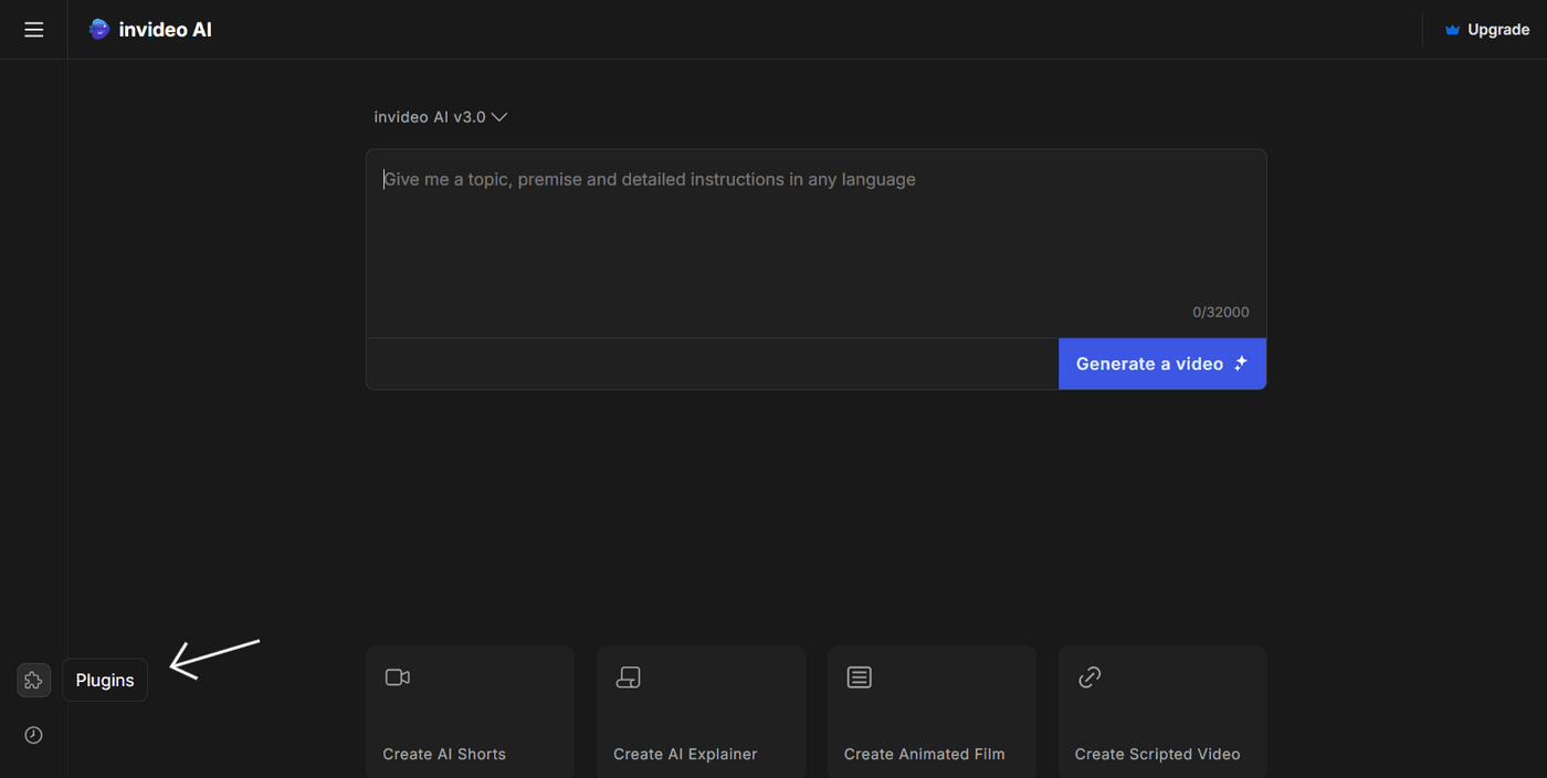 Invideo AI interface showing video creation prompt and plugins option highlighted in the left panel.