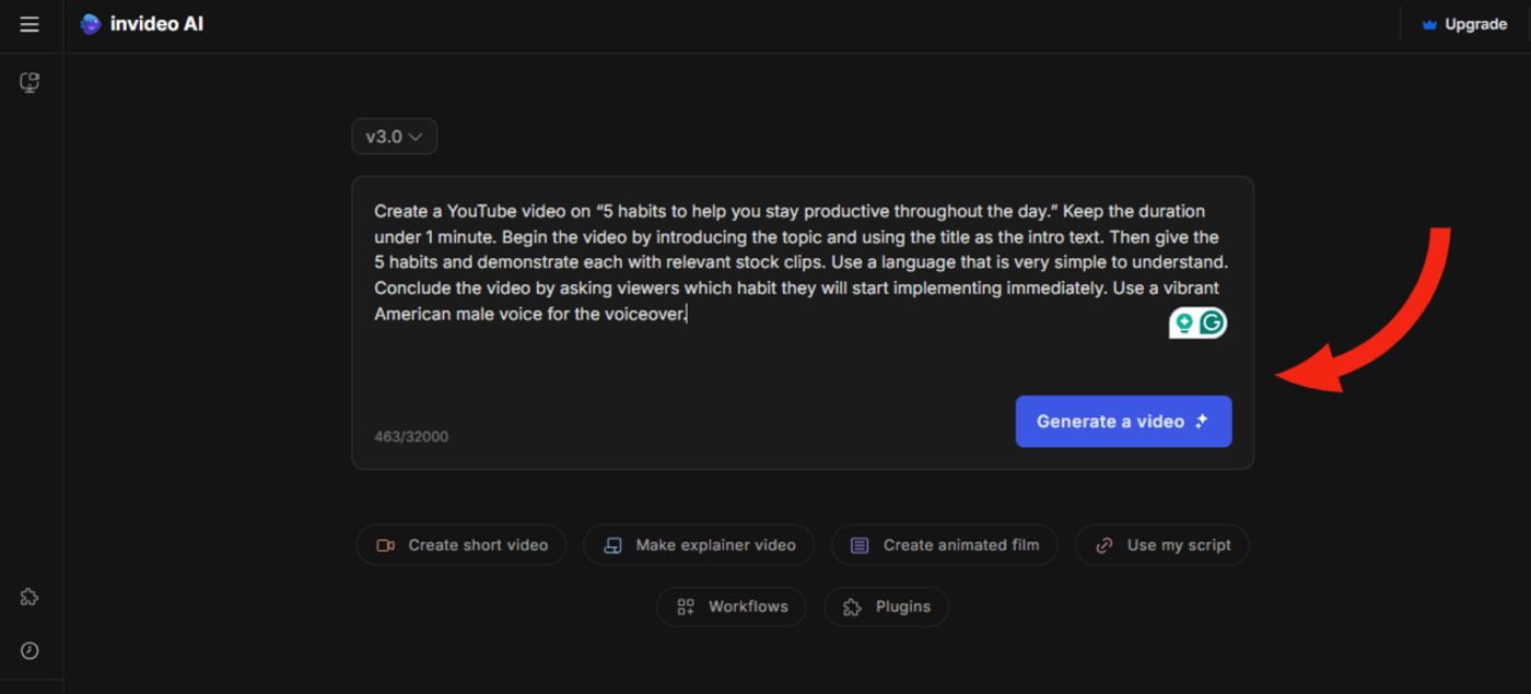 Invideo AI interface showing video script input for productivity habits and ‘Generate a video’ button