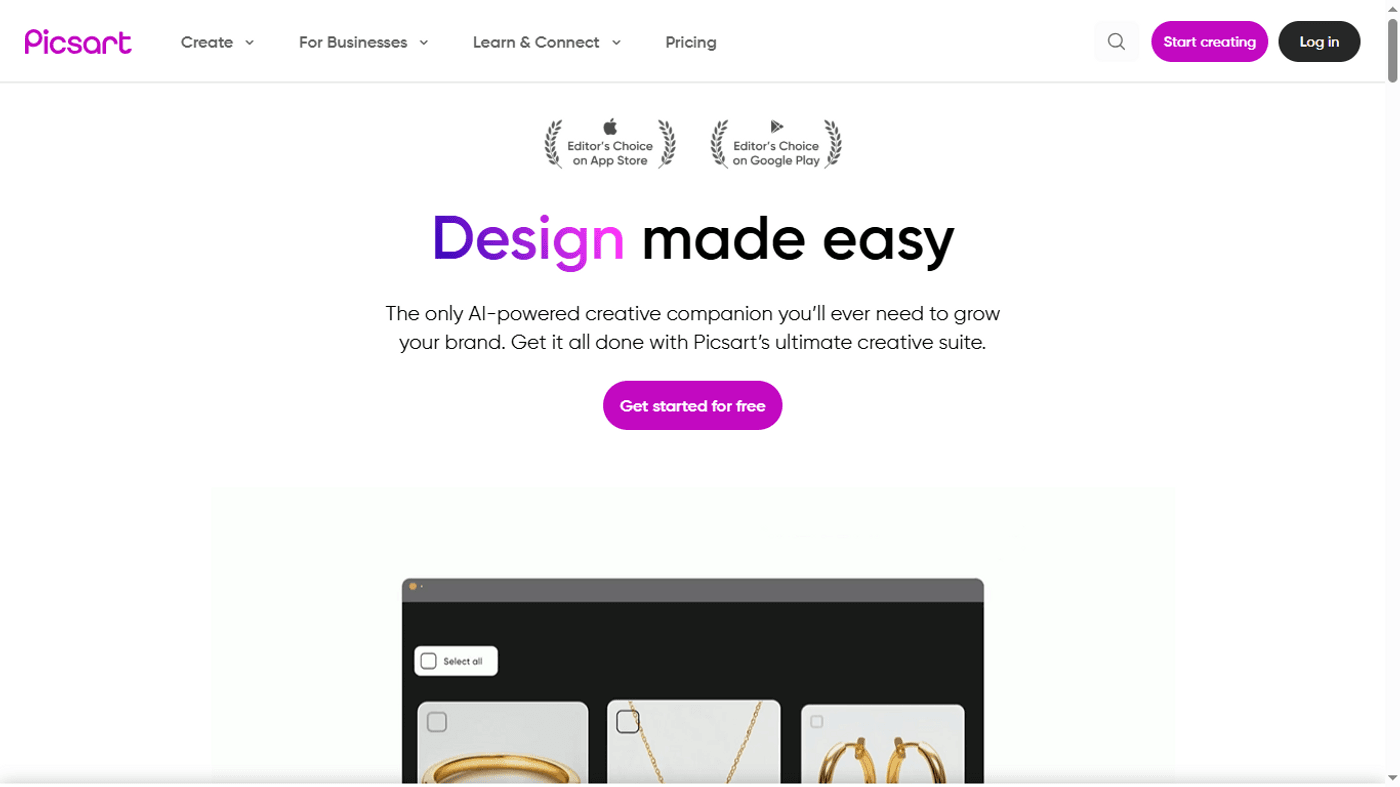 Picsart homepage promoting AI-powered tools to easily design and grow your brand online